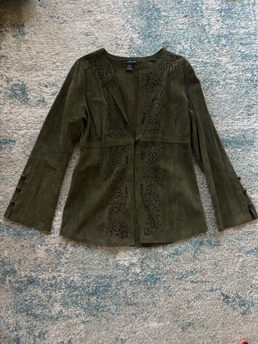 Women's Olive Green Suede Open Jacket with Laser-Cut Detail
